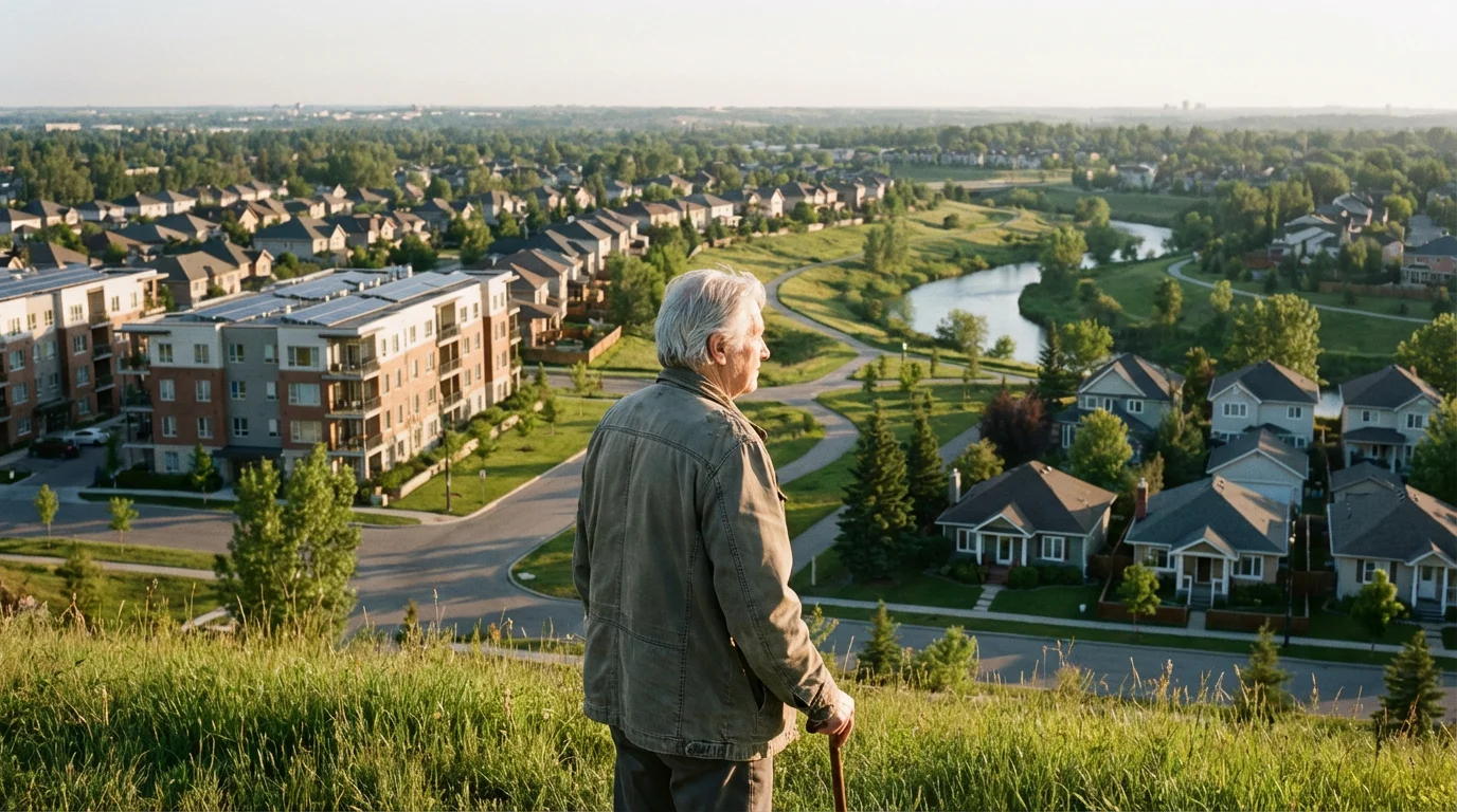 A senior person looks out over a diverse neighborhood, considering retirement housing options.