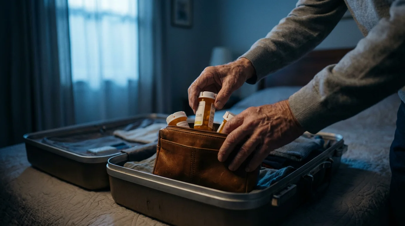 A senior person packs prescription pill bottles into a travel bag inside a suitcase.