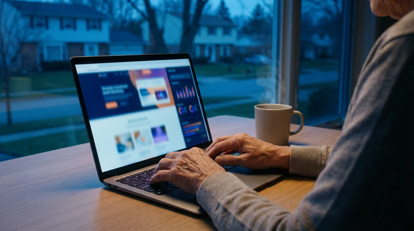 A senior person seen from over the shoulder researching healthcare resources on a laptop.