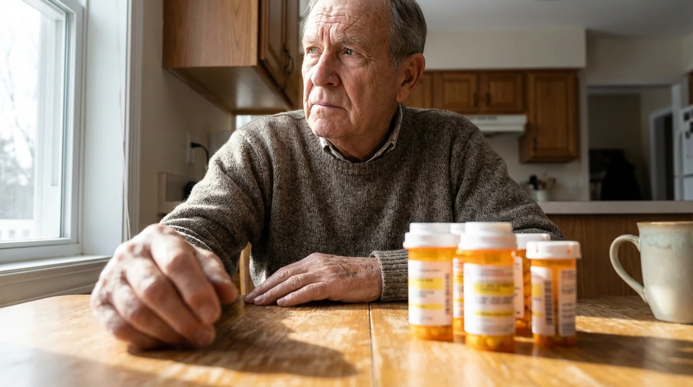 A senior person sitting at a table with numerous prescription pill bottles, feeling contemplative.