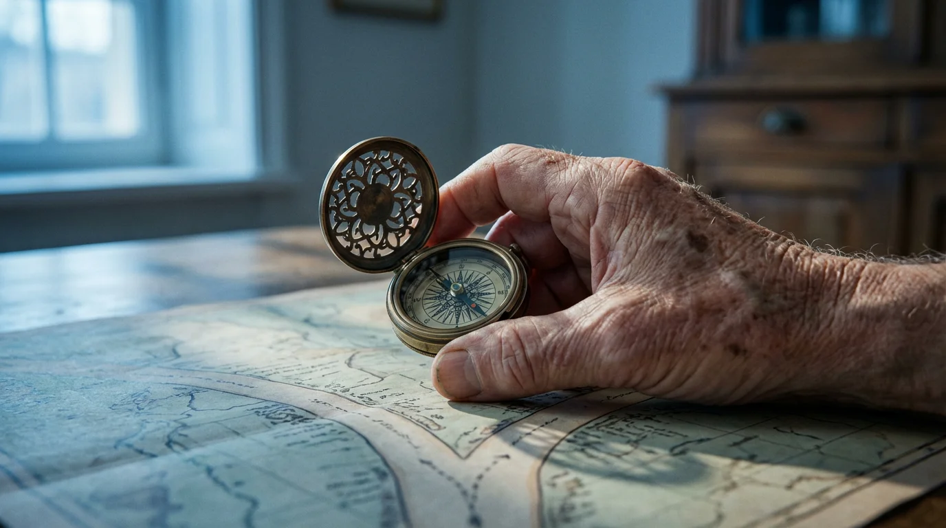 A senior person's hand holding a vintage brass compass over a map at twilight.
