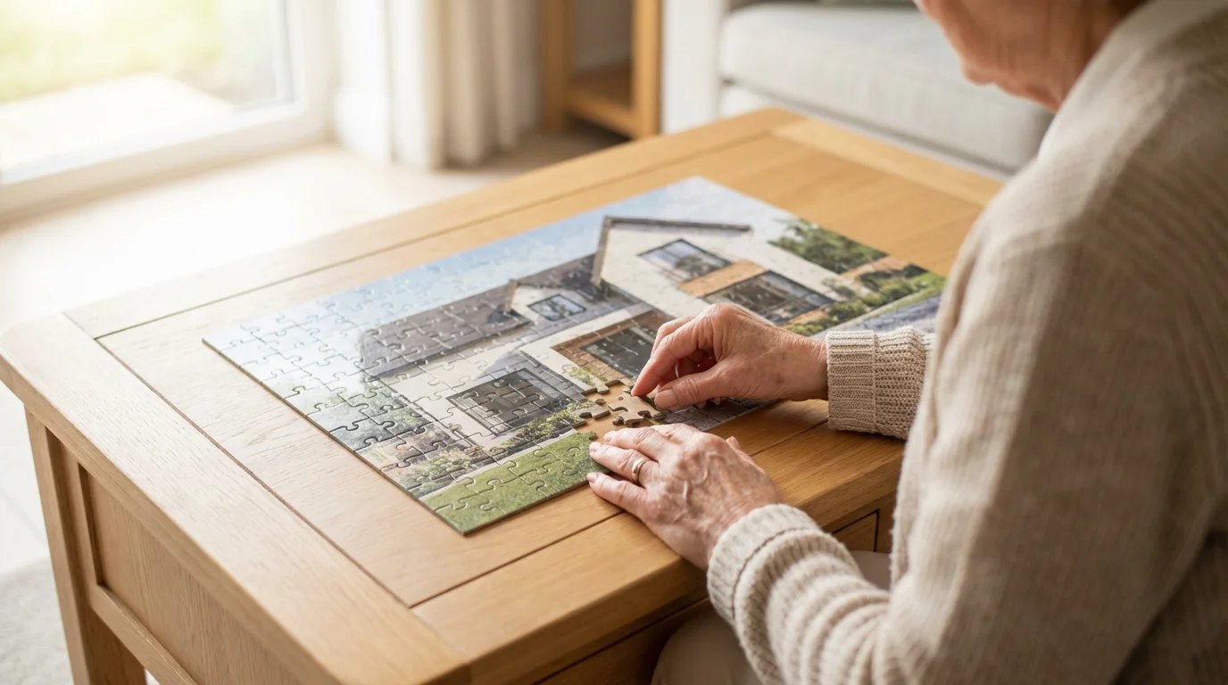 A senior person's hands complete a jigsaw puzzle of a house in soft morning light.