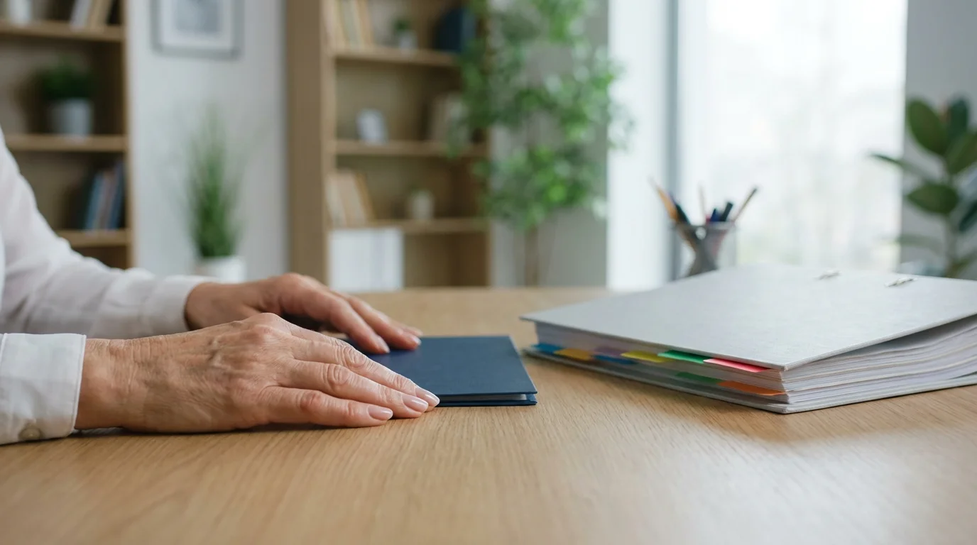 A senior person's hands on a desk, choosing between a simple folder and a multi-tab binder.