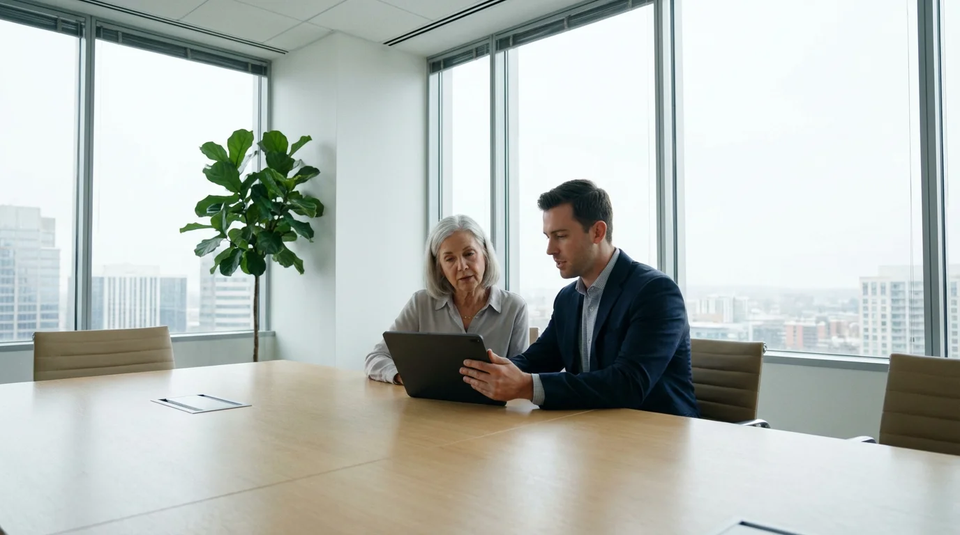 A senior woman and a financial advisor meeting in a modern, bright office.