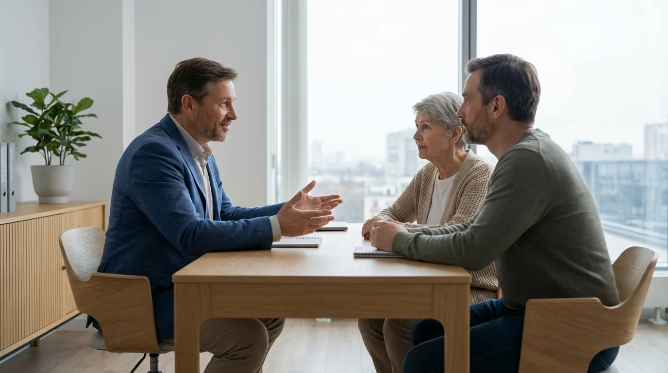 A senior woman and her adult child in a consultation with a professional advisor.