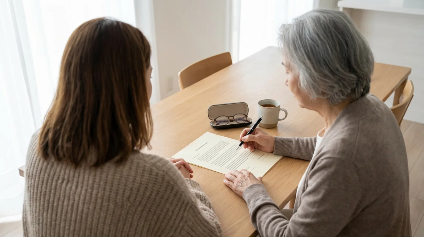 A senior woman and her adult daughter carefully review advance directive documents at a table.
