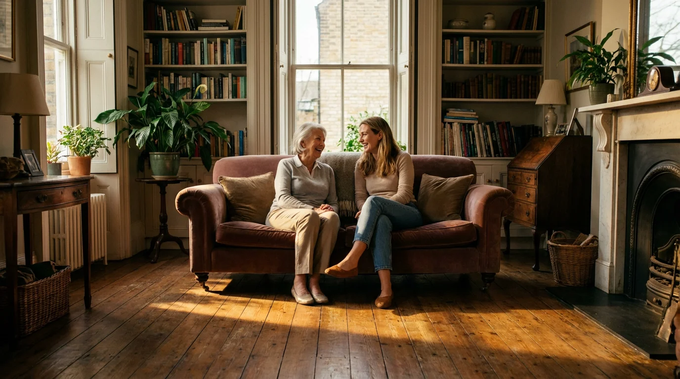 A senior woman and her younger housemate laughing together on a sofa in a sunlit room.