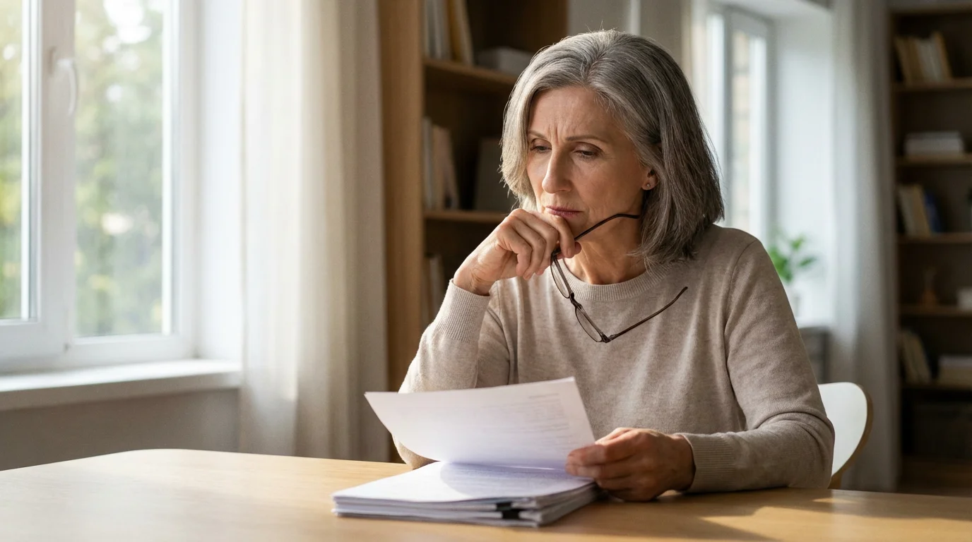 A senior woman at a desk looking thoughtfully at legal documents, representing retirement planning.