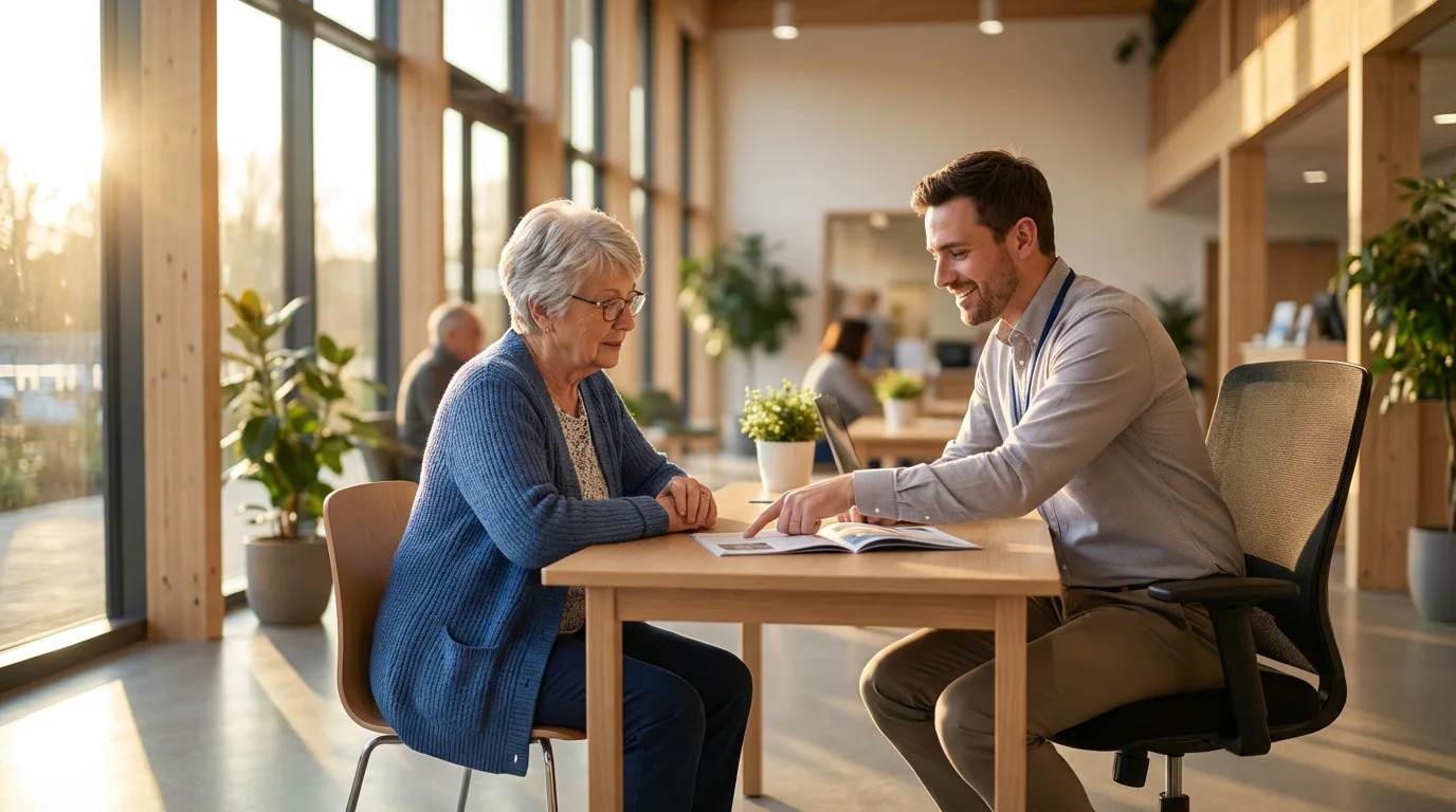 A senior woman at a desk receiving helpful information from a public official at sunset.