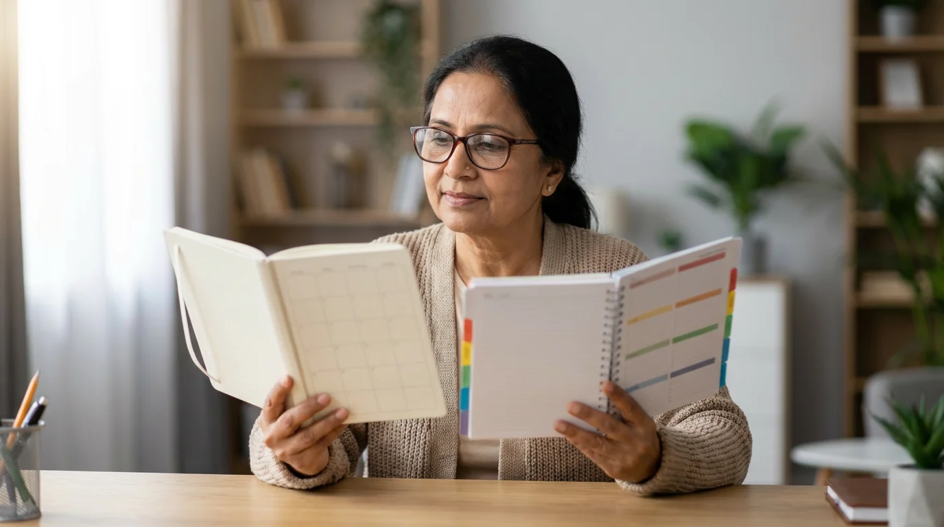 A senior woman at a desk thoughtfully compares two different open planners in morning light.
