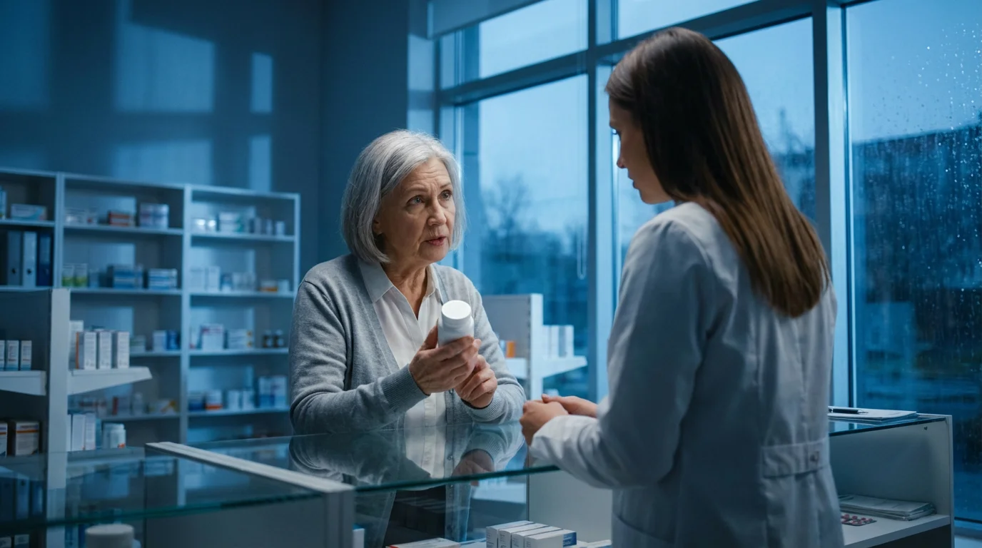 A senior woman at a foreign pharmacy counter during twilight, discussing medication with a pharmacist.
