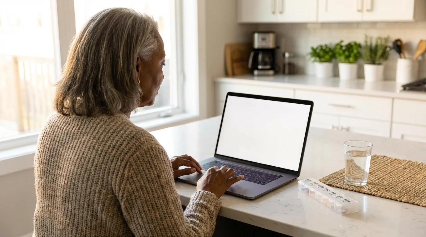 A senior woman at her kitchen counter with a laptop and pill organizer.