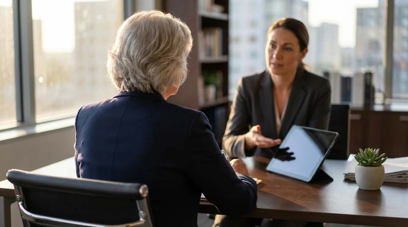 A senior woman consulting with a professional advisor in a modern, sunlit office.