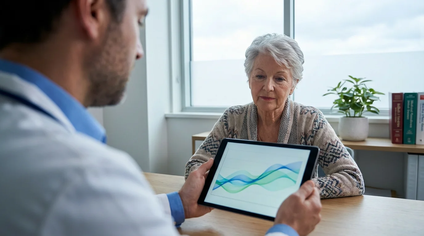 A senior woman discusses a health chart on a tablet with her doctor.