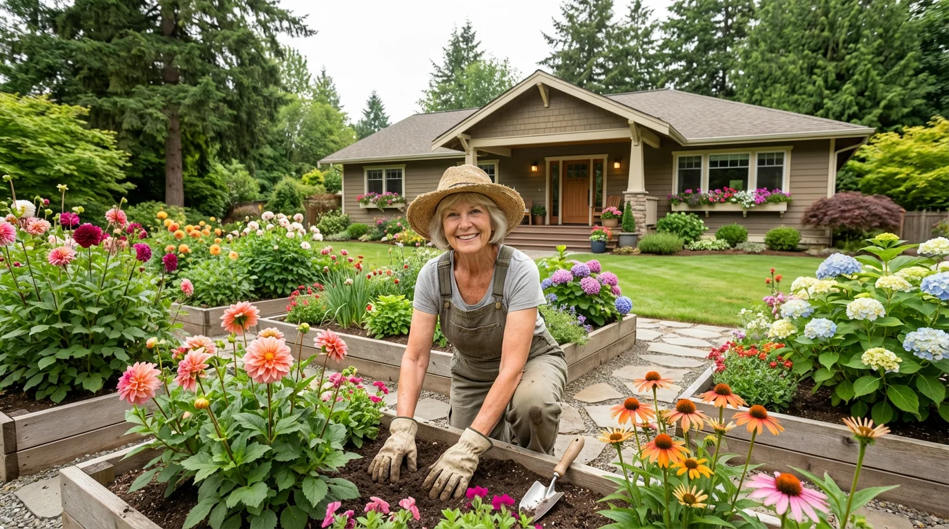 A senior woman happily gardening in the backyard of her beautiful, well-maintained home.