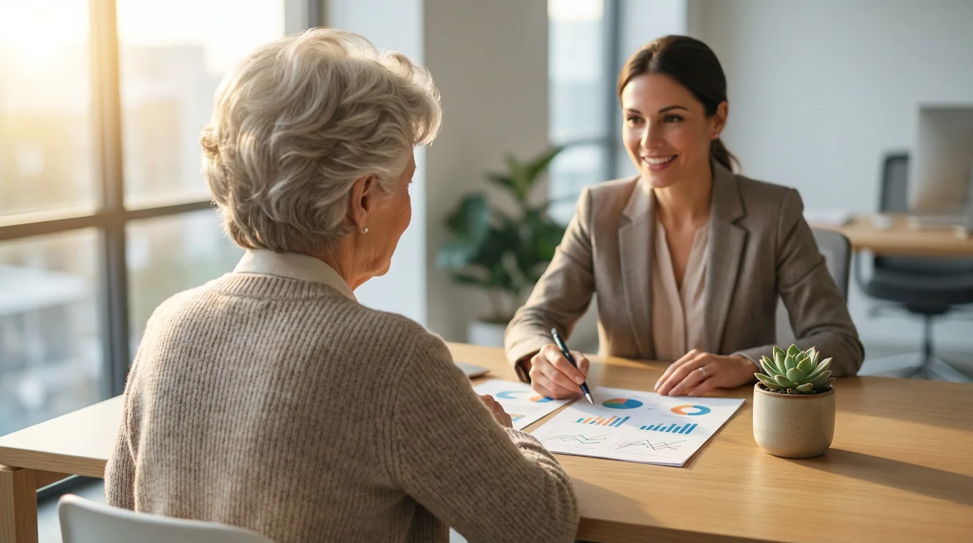 A senior woman in a consultation with a female financial advisor in a modern office.