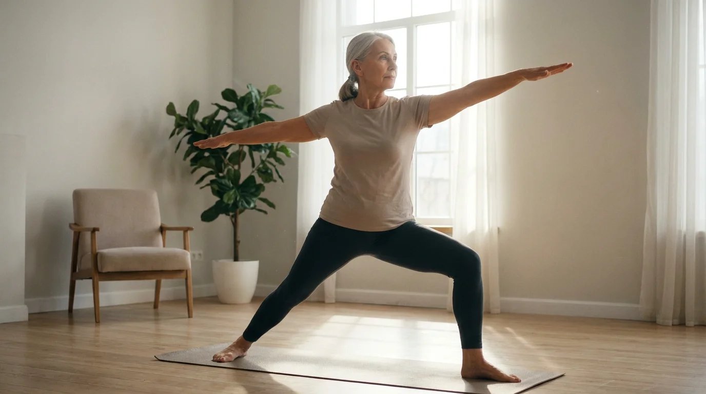 A senior woman in a strong yoga pose in a sunlit, modern living room.
