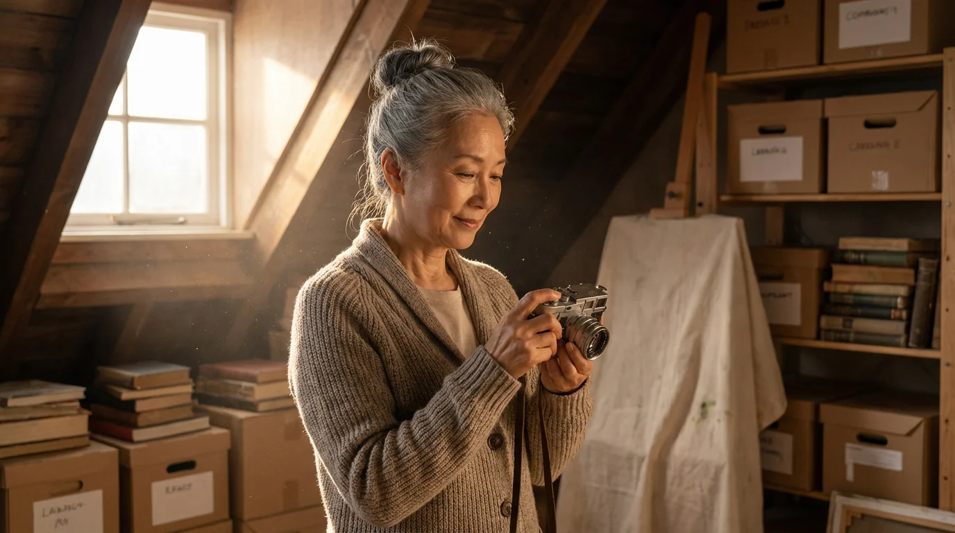 A senior woman in a sunlit attic rediscovers a vintage camera from her past.