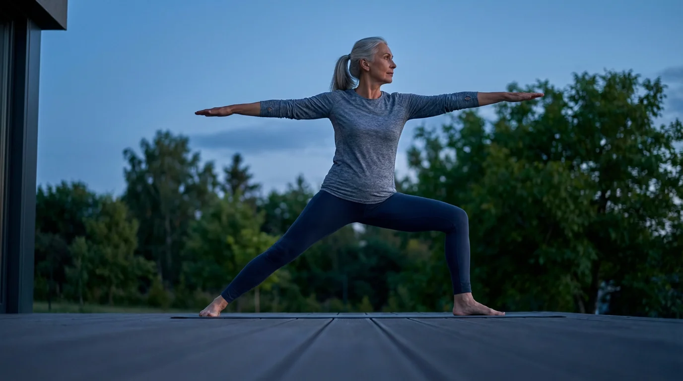 A senior woman in a yoga warrior pose on a deck at dusk.