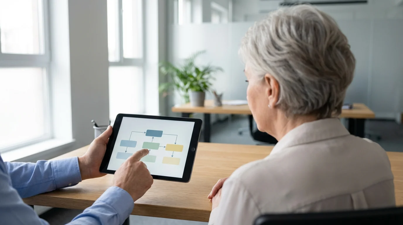 A senior woman in an over-the-shoulder view, meeting with an estate planning advisor.