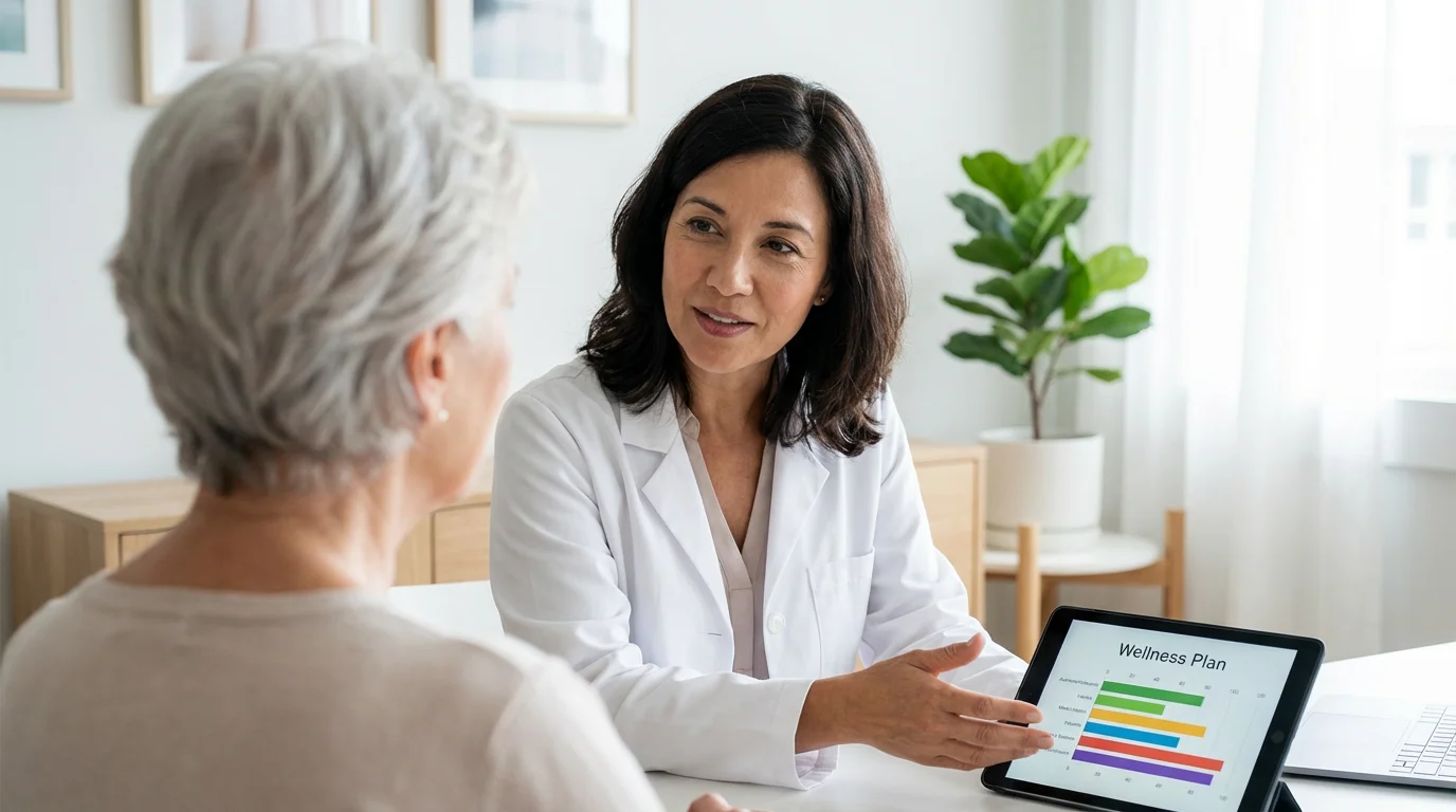 A senior woman in consultation with her doctor in a modern, sunlit office.