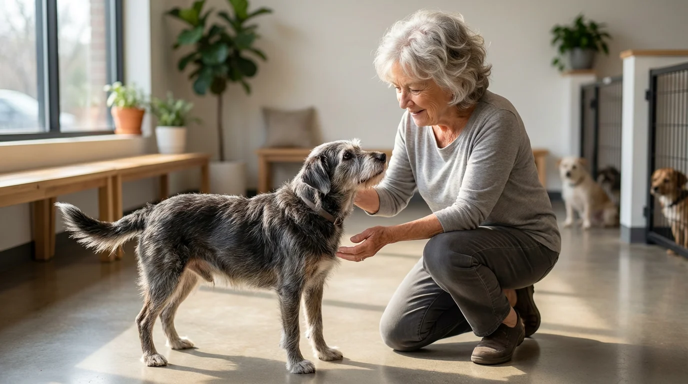 A senior woman kneels to meet a calm, older dog in a sunlit pet shelter.