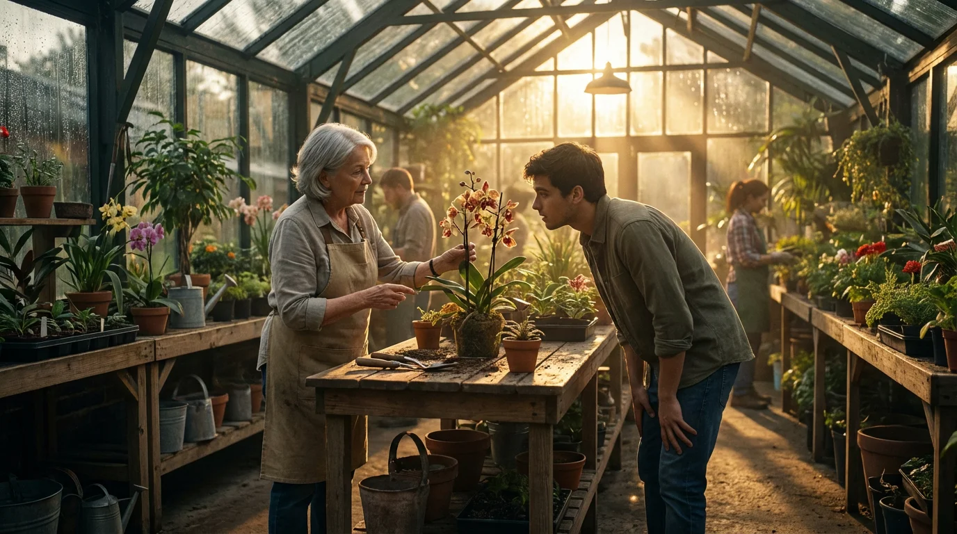 A senior woman mentors a young man about plants in a beautiful sunlit greenhouse.
