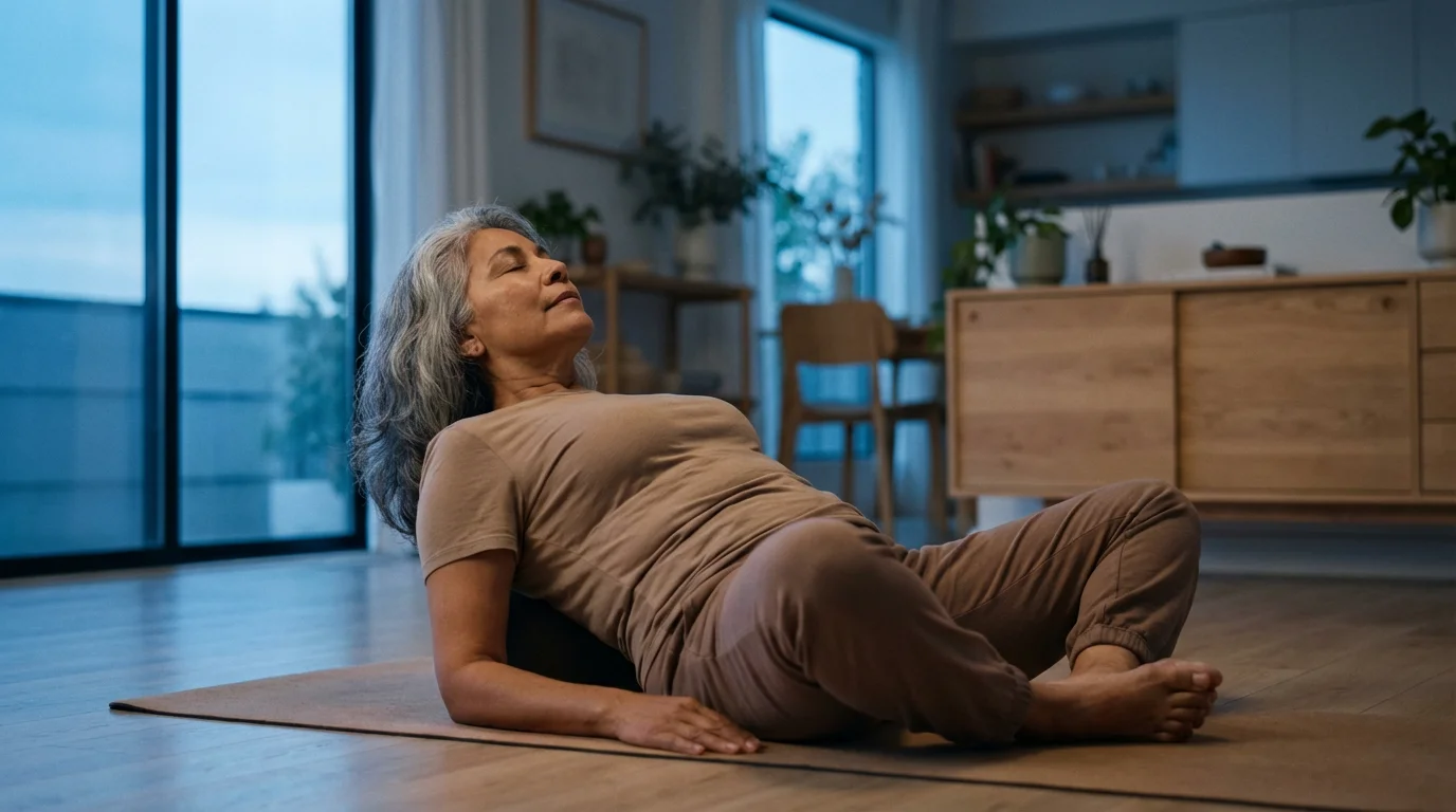 A senior woman peacefully meditating on a yoga mat in her living room at dusk.