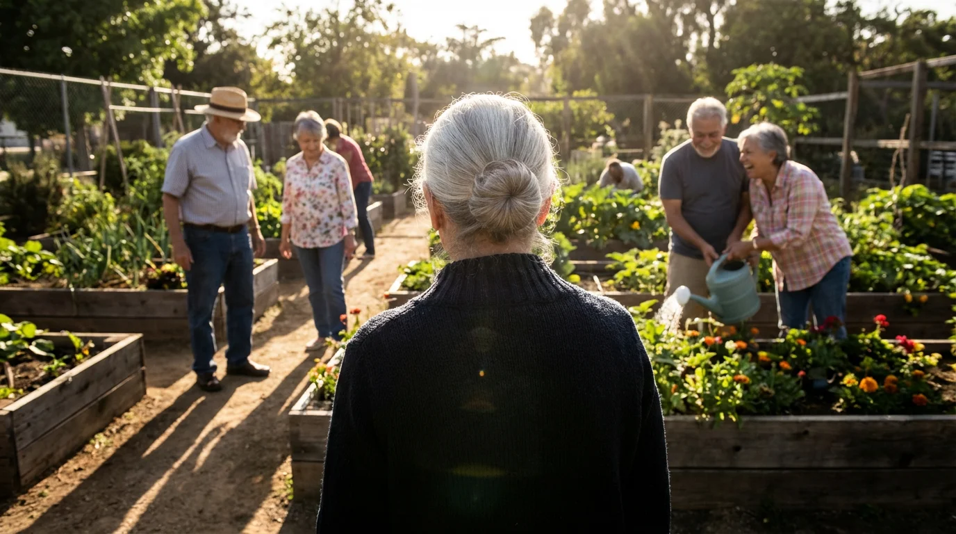 A senior woman seen from over her shoulder, watching other seniors in a community garden.
