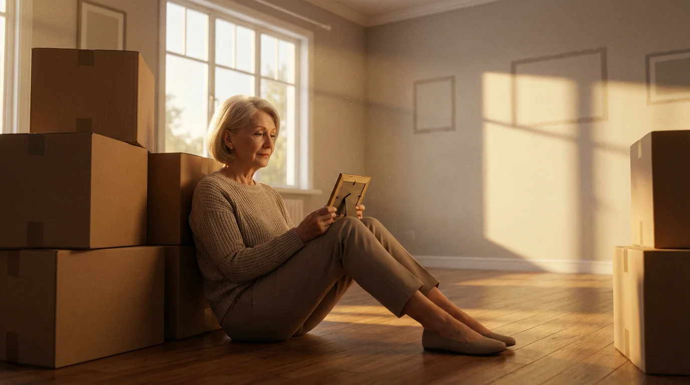 A senior woman sits among moving boxes, reflectively holding a photo during golden hour.