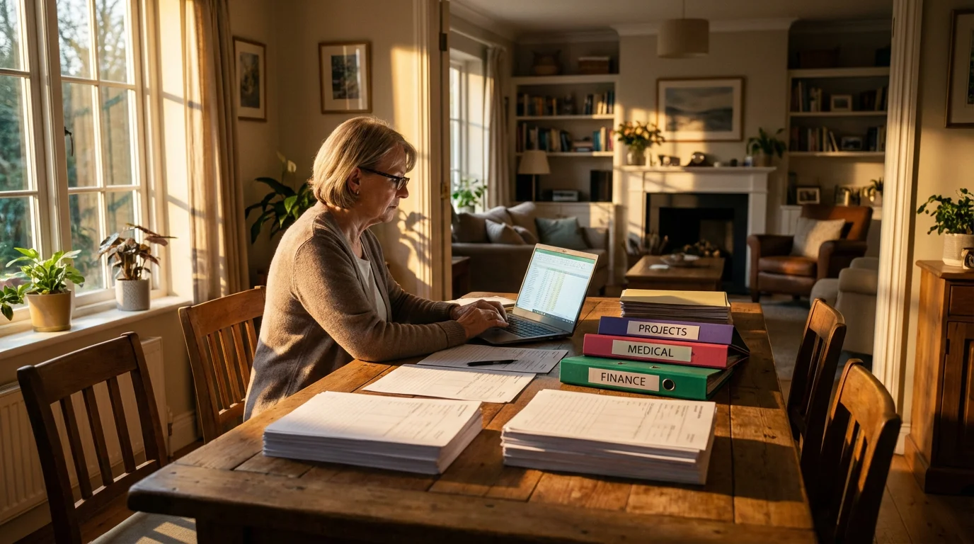 A senior woman sits at a dining table organizing paperwork and a laptop.