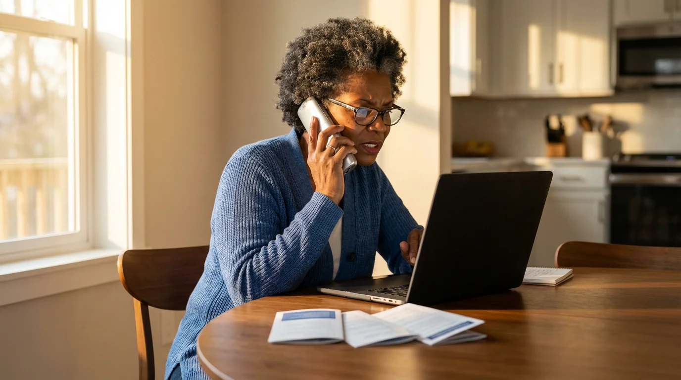 A senior woman sits at a table during golden hour, making a phone call.
