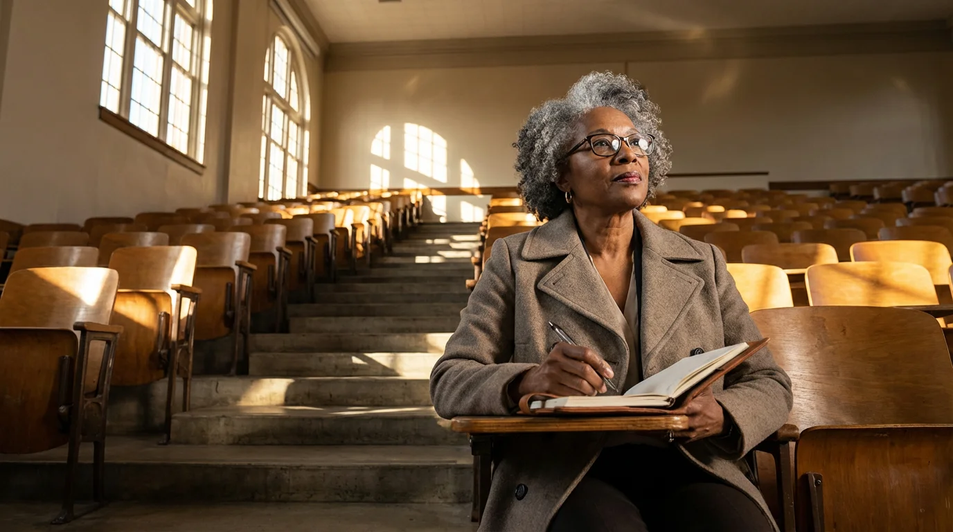 A senior woman sits attentively, taking notes in a sunlit university lecture hall.