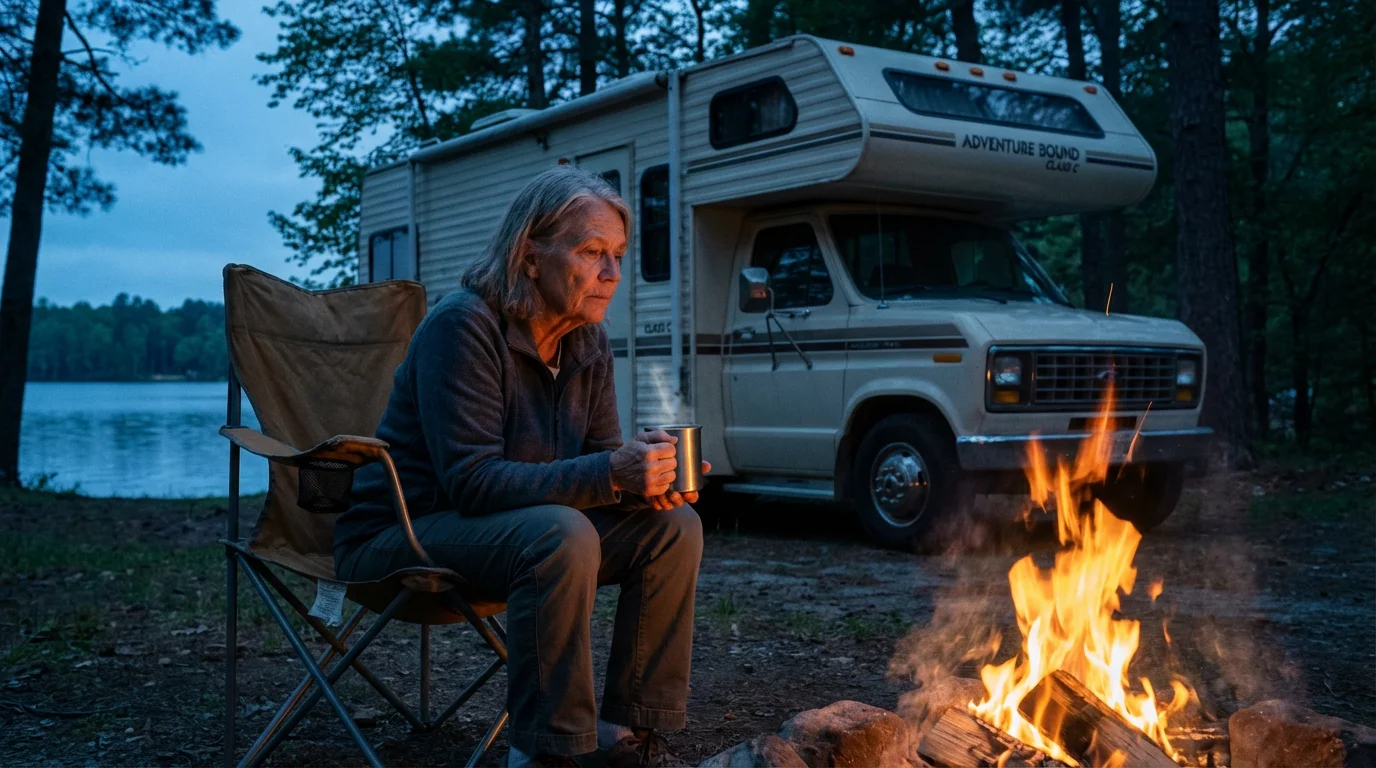 A senior woman sits by a campfire with her RV at a lakeside during blue hour.
