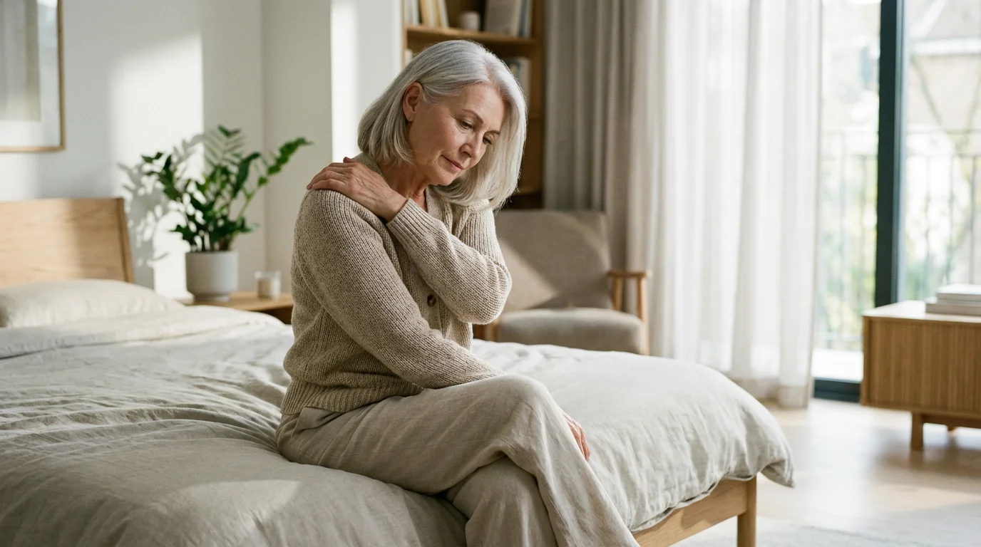A senior woman sits on her bed in a sunlit room, massaging her shoulder.