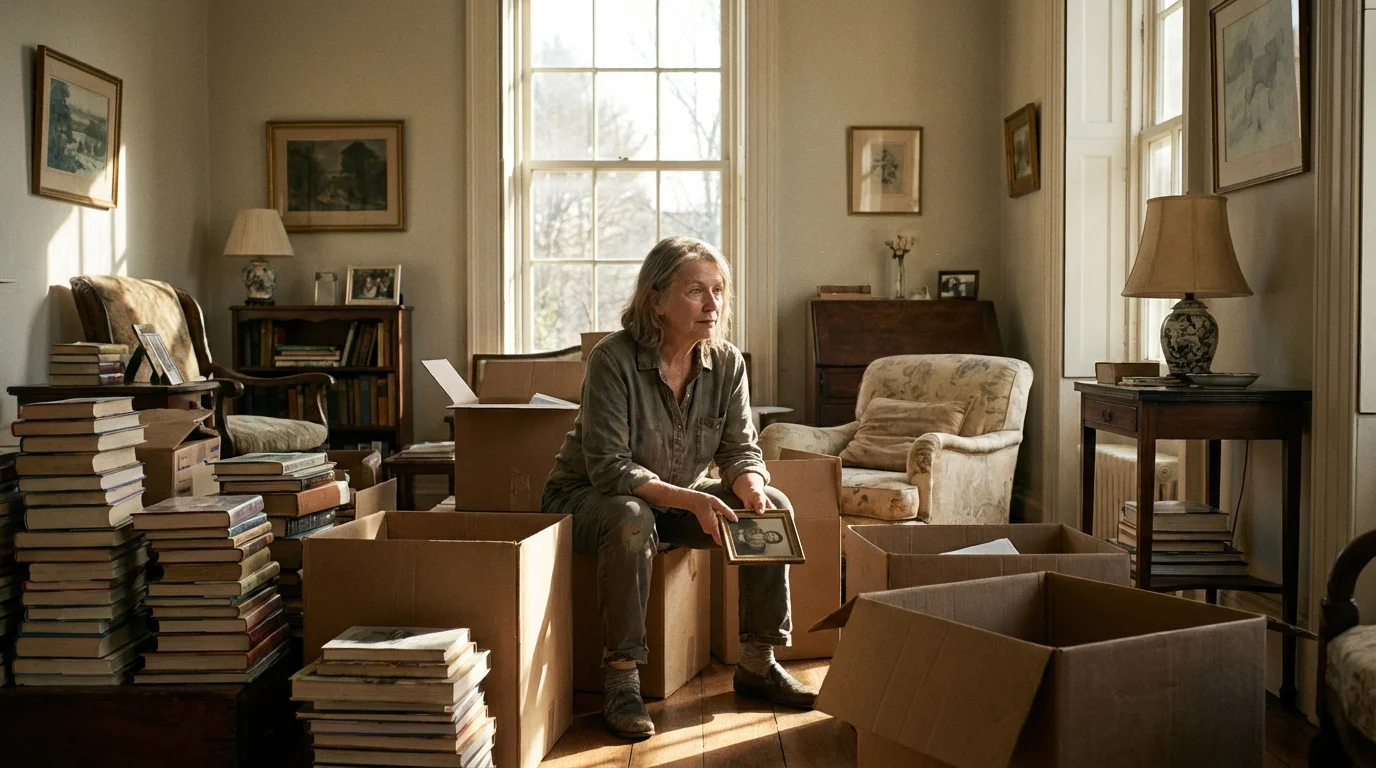 A senior woman sits on the floor amidst packing boxes, thoughtfully holding a photograph.