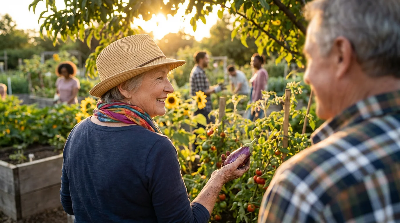 A senior woman smiling and chatting with a neighbor in a community garden during sunset.