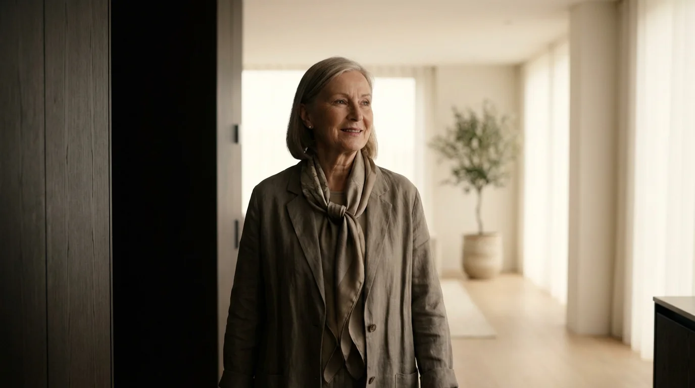 A senior woman walks from a dark hallway into a bright, open living room.