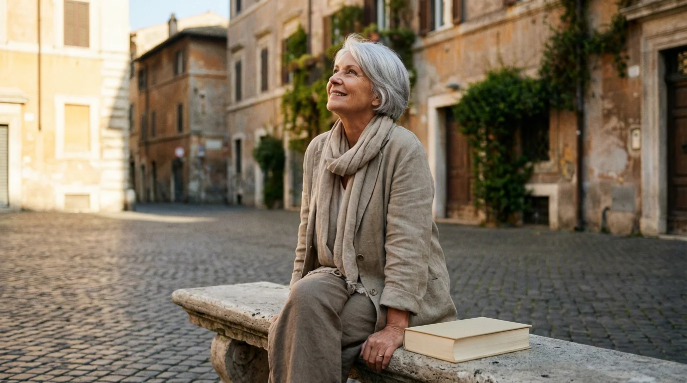 A senior woman with a book on a bench in a sunlit European plaza.