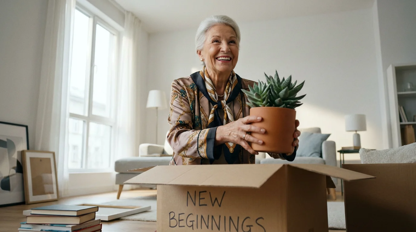 A senior woman with a smile unpacking a plant in her new sunlit apartment.