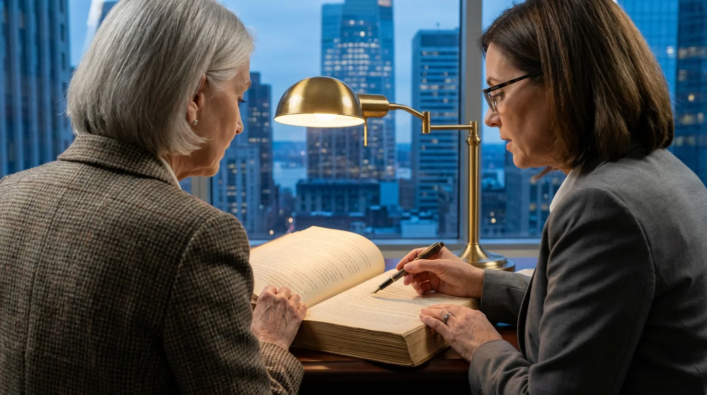 A senior woman with her attorney reviewing estate planning legal documents in a sophisticated office.