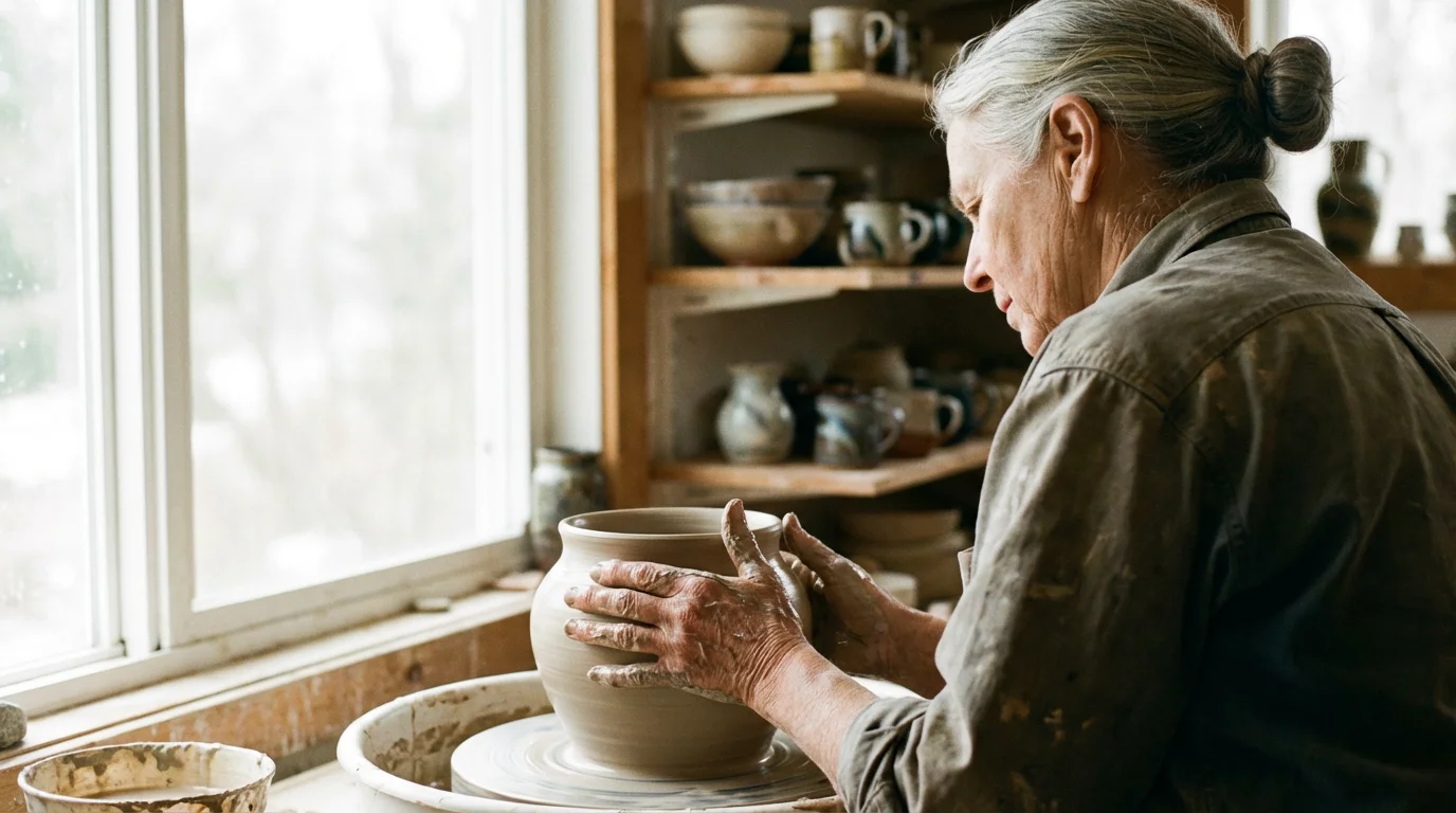 A senior woman's hands shape a clay pot on a pottery wheel.