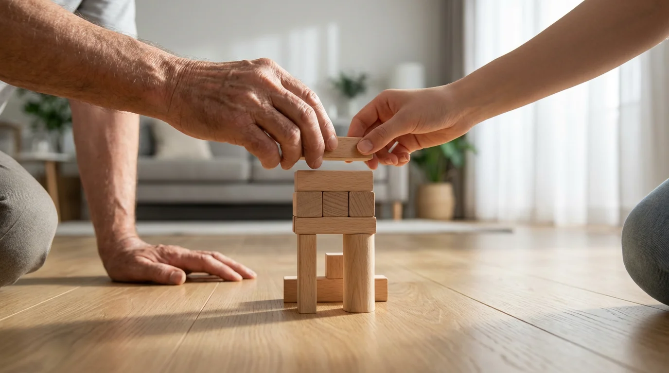 A senior's and a young person's hands carefully building a tower with wooden blocks.