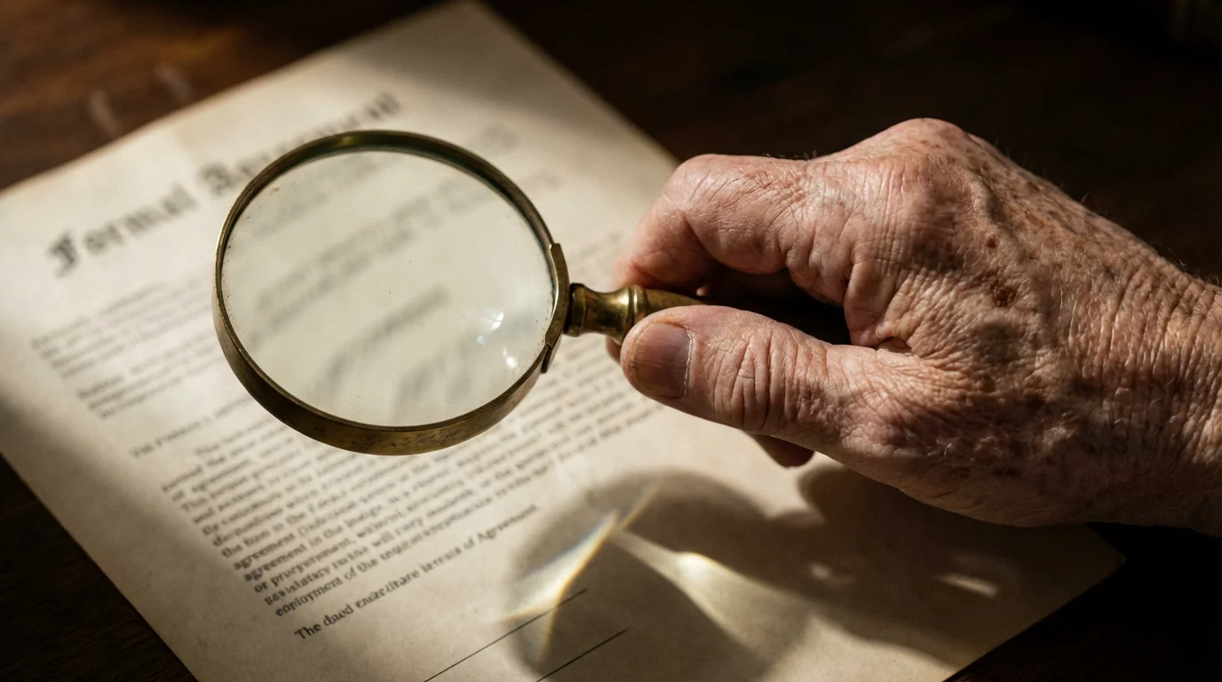 A senior's hand holds a magnifying glass over a legal document, symbolizing careful review.