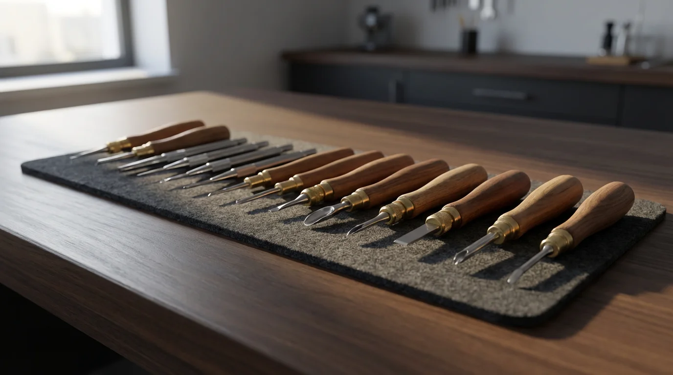 A set of specialized, high-precision artisan tools laid out on a wooden workbench.