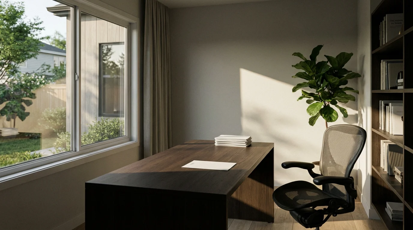 A single legal document on a desk in a modern home office during late afternoon.