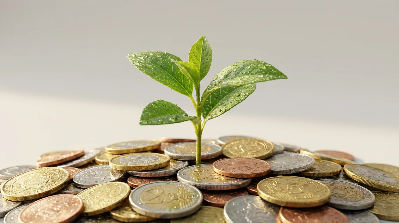 A small green plant with dew on its leaves growing out of a pile of assorted coins.