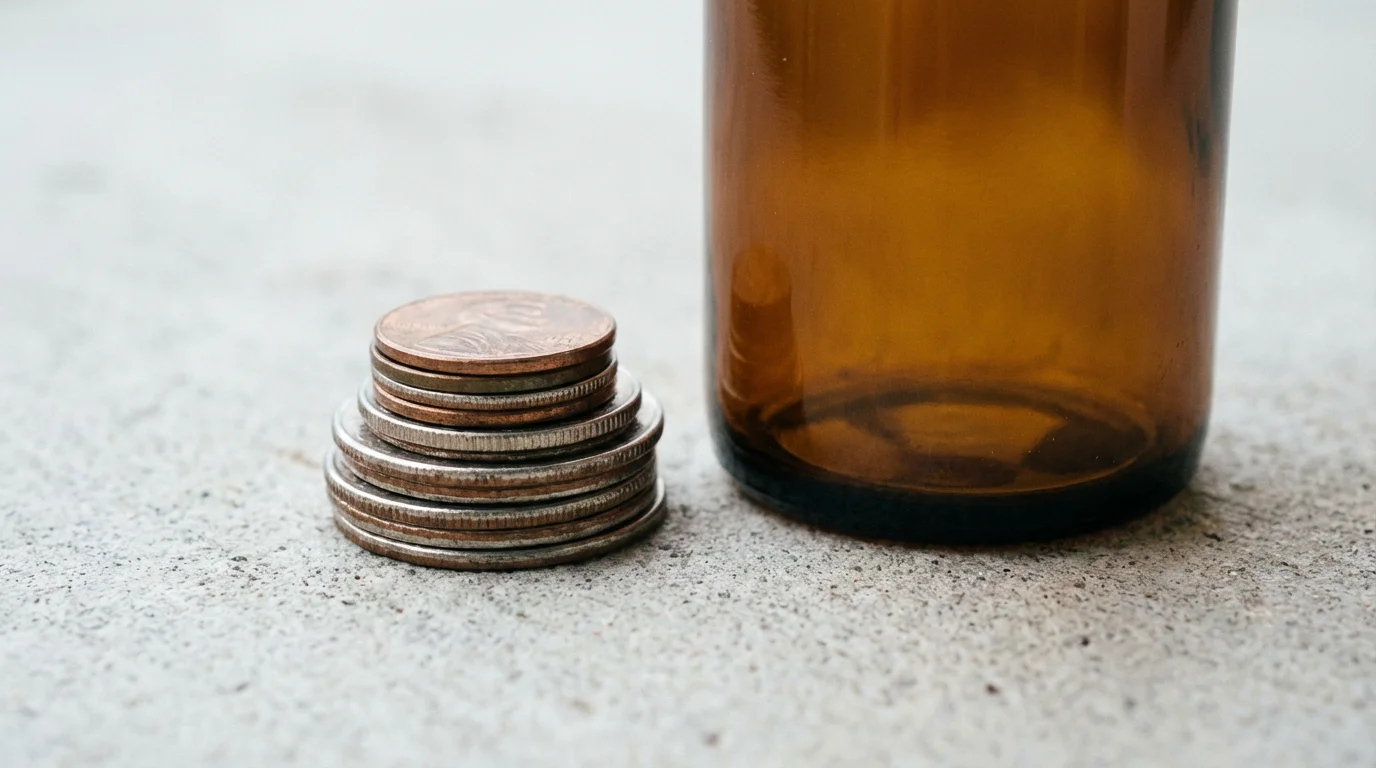 A small stack of coins next to an amber prescription pill bottle, symbolizing savings.