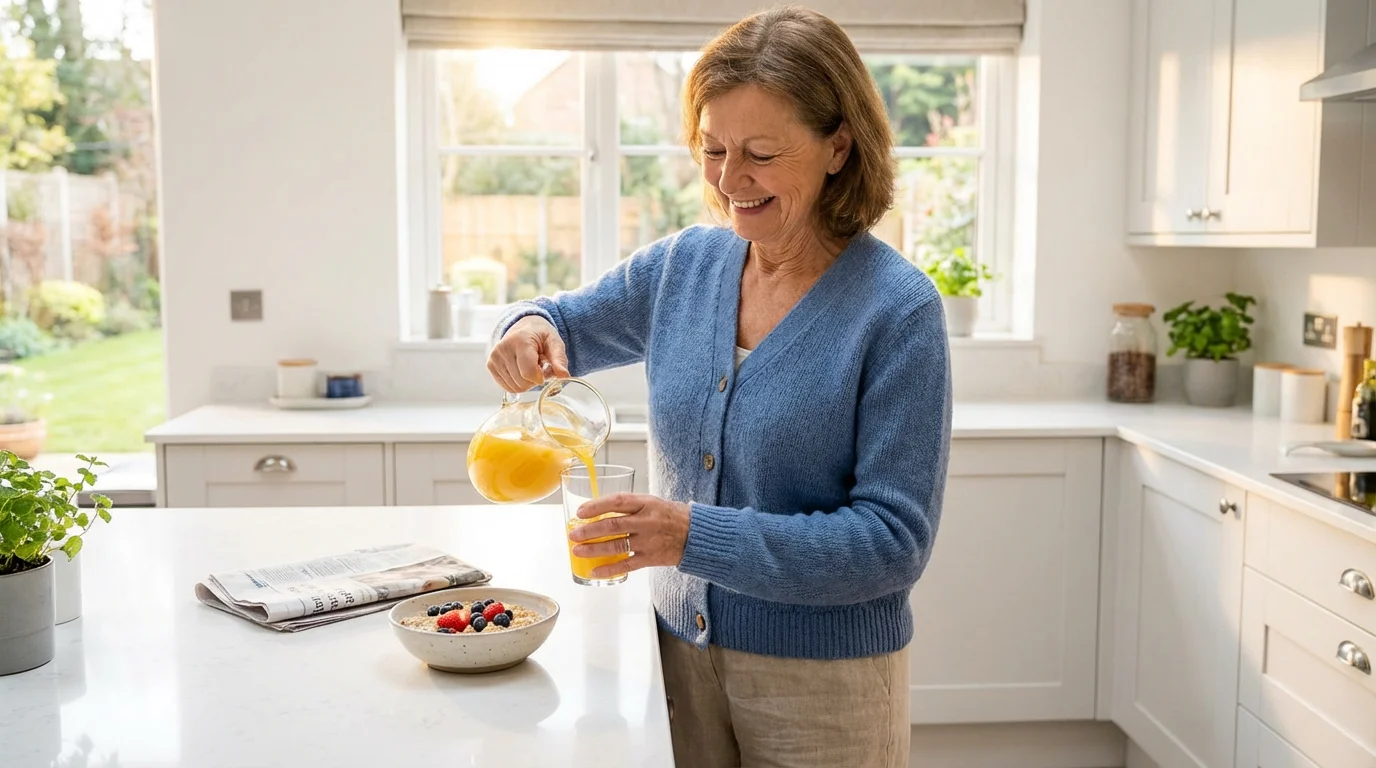 A smiling retired woman in a sunlit kitchen preparing a healthy breakfast and juice.