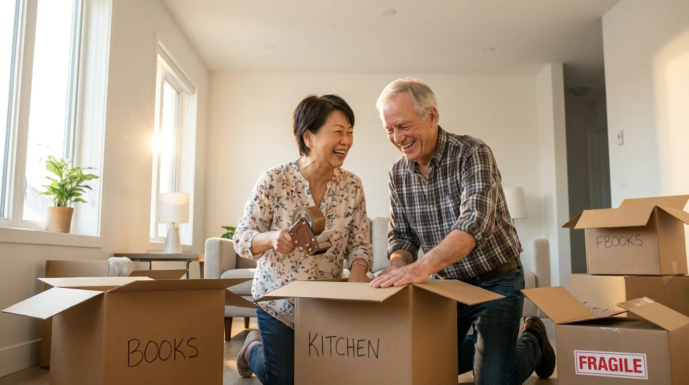 A smiling senior couple happily packing cardboard moving boxes together in a sunlit room.